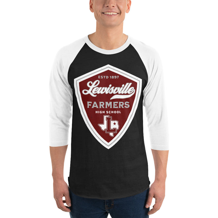 Man wearing Lewisville High School Farmers Unisex 3/4 Sleeve Raglan T-shirt 225
