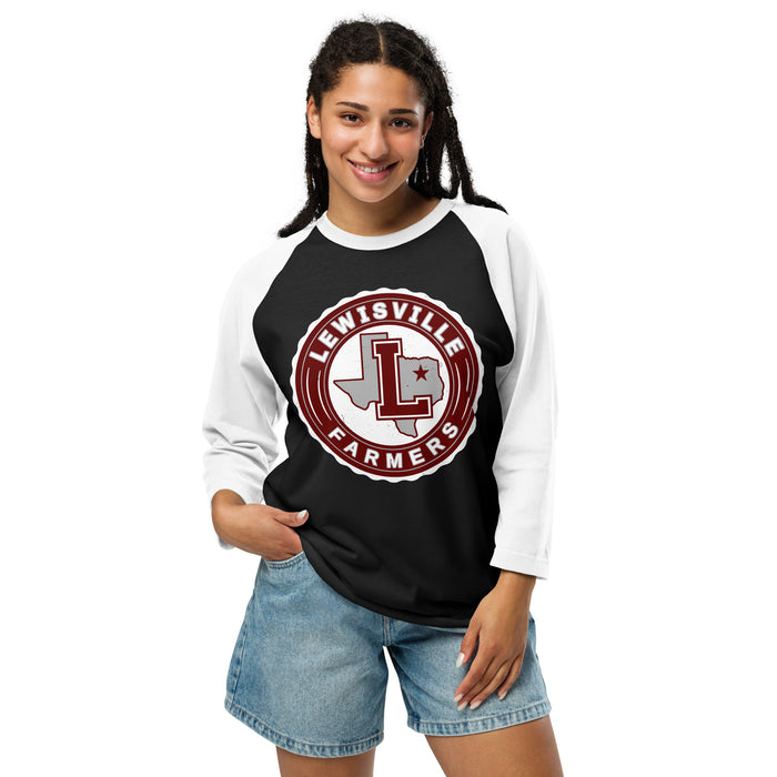 Woman wearing Lewisville High School Farmers Unisex 3/4 Sleeve Raglan T-shirt 216