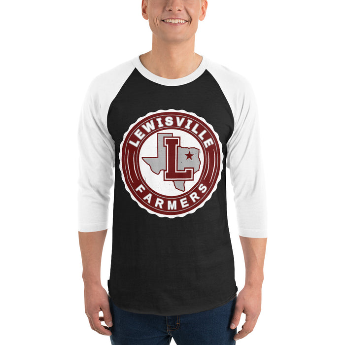 Man wearing Lewisville High School Farmers Unisex 3/4 Sleeve Raglan T-shirt 216