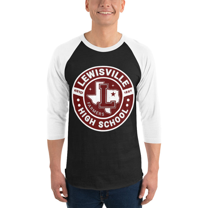 Man wearing Lewisville High School Farmers Unisex 3/4 Sleeve Raglan T-shirt 239