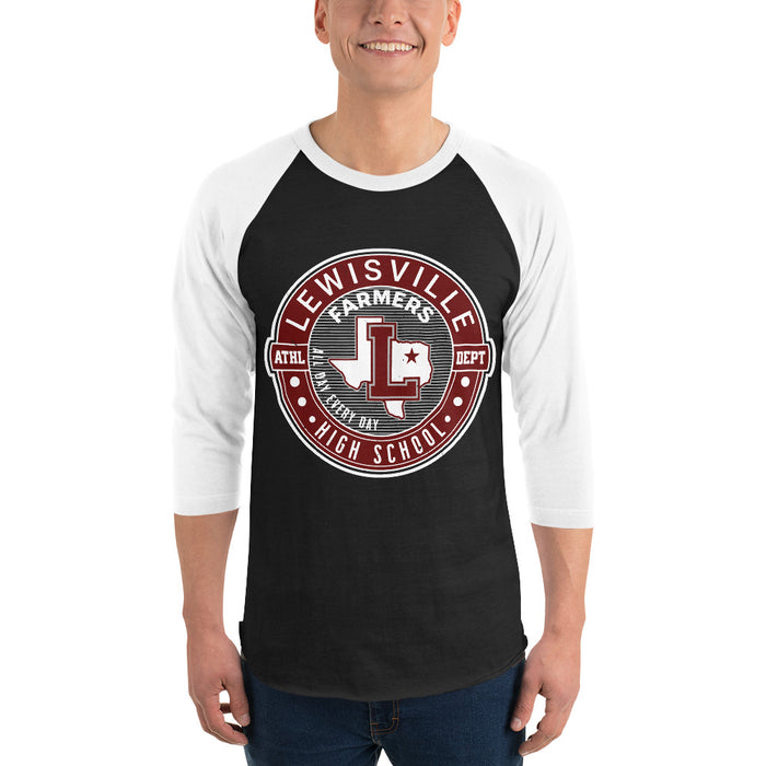 Man wearing Lewisville High School Farmers Unisex 3/4 Sleeve Raglan T-shirt 224