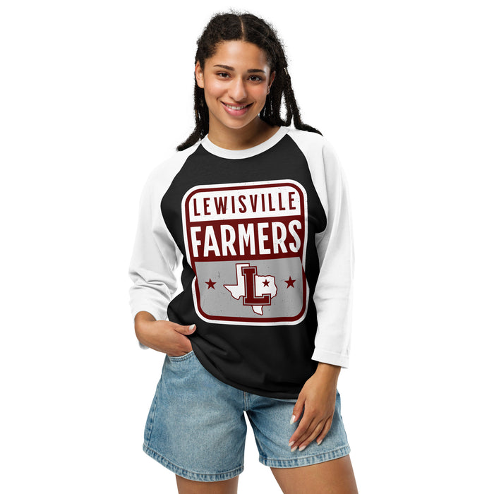 Woman wearing Lewisville High School Farmers Unisex 3/4 Sleeve Raglan T-shirt 001