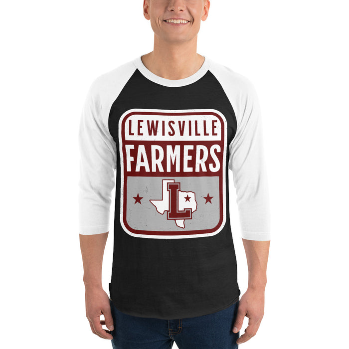 Man wearing Lewisville High School Farmers Unisex 3/4 Sleeve Raglan T-shirt 001