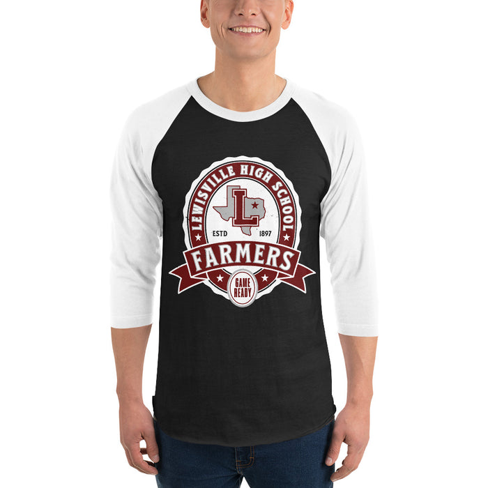 Man wearing Lewisville High School Farmers Unisex 3/4 Sleeve Raglan T-shirt 212