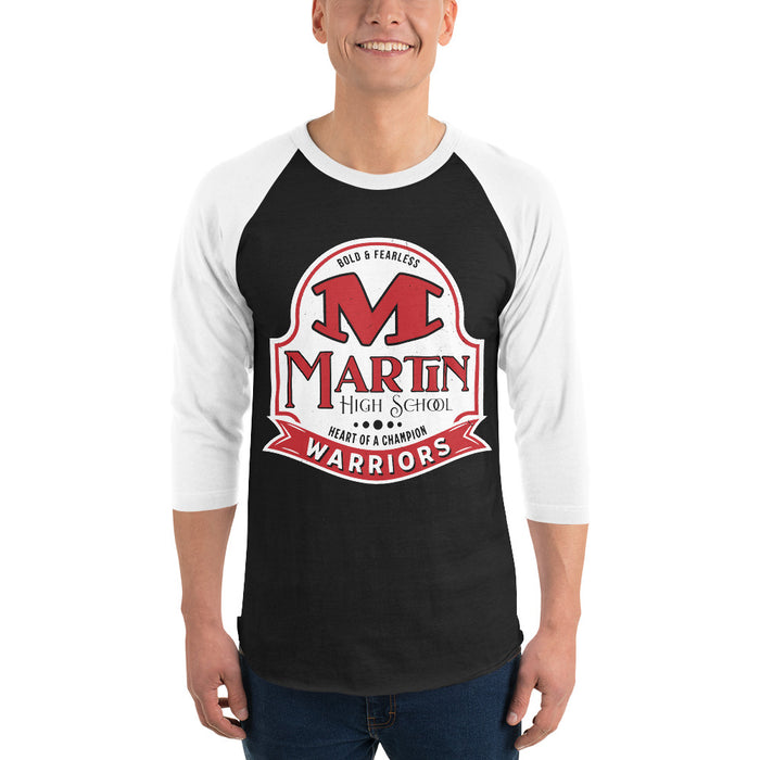 Man wearing Martin High School Warriors Unisex 3/4 sleeve Raglan T-shirt 219