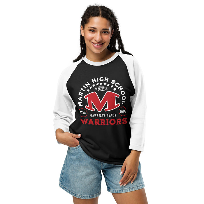Woman wearing Martin High School Warriors Unisex 3/4 sleeve Raglan T-shirt 208