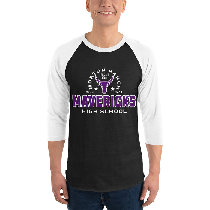 Man wearing Morton Ranch High School Mavericks Unisex 3/4 sleeve Raglan T-shirt 222