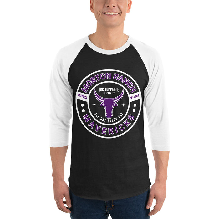 Man wearing Morton Ranch High School Mavericks Unisex 3/4 sleeve Raglan T-shirt 239