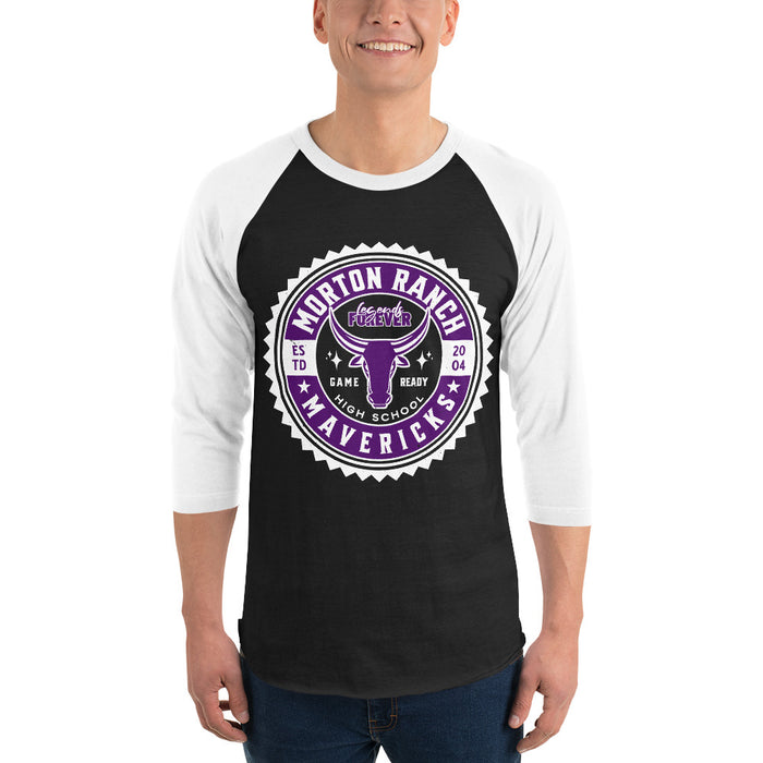 Man wearing Morton Ranch High School Mavericks Unisex 3/4 sleeve Raglan T-shirt 203