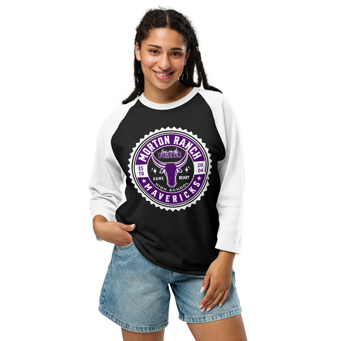 Woman wearing Morton Ranch High School Mavericks Unisex 3/4 sleeve Raglan T-shirt 203