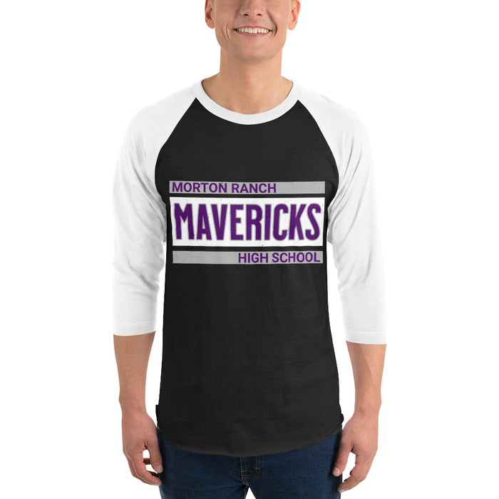 Man wearing Morton Ranch High School Mavericks Unisex 3/4 sleeve Raglan T-shirt 098