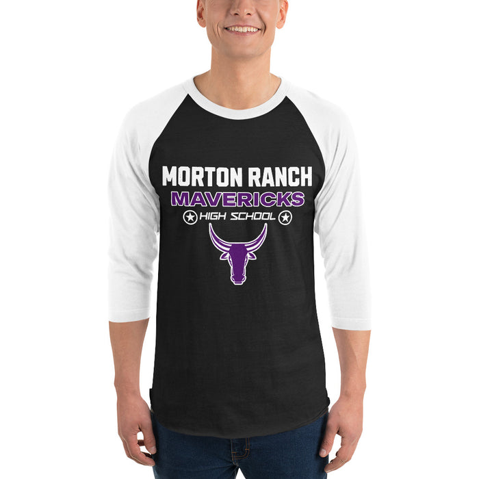 Man wearing Morton Ranch High School Mavericks Unisex 3/4 sleeve Raglan T-shirt 003