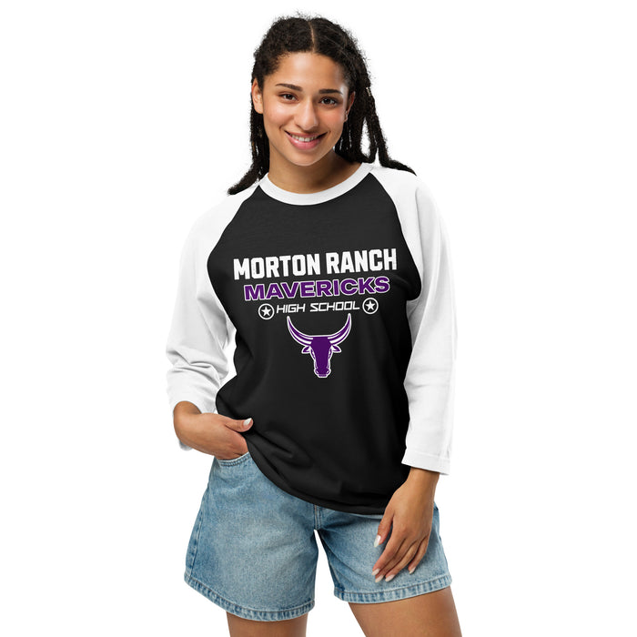 Woman wearing Morton Ranch High School Mavericks Unisex 3/4 sleeve Raglan T-shirt 003