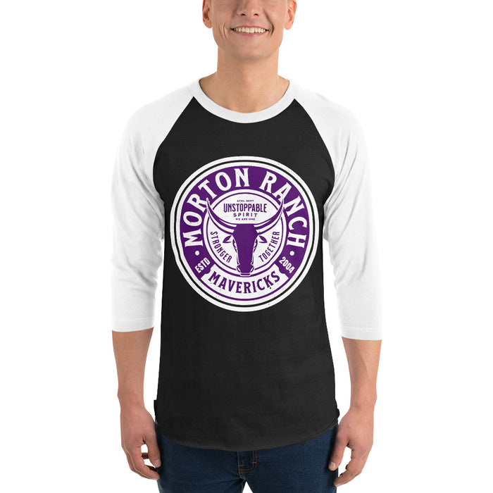 Man wearing Morton Ranch High School Mavericks Unisex 3/4 sleeve Raglan T-shirt 220