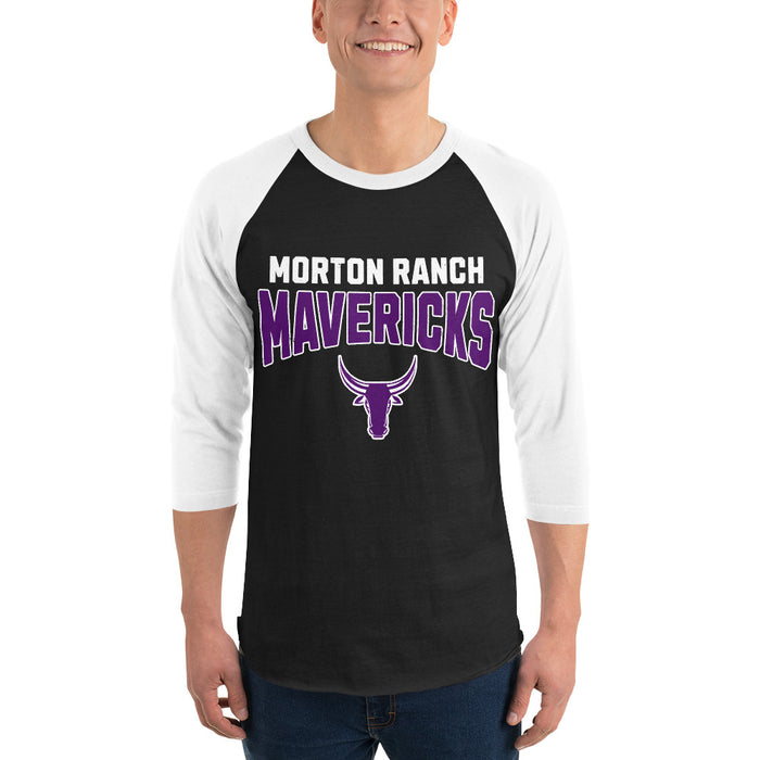 Man wearing Morton Ranch High School Mavericks Unisex 3/4 sleeve Raglan T-shirt 234