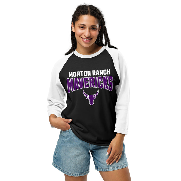Woman wearing Morton Ranch High School Mavericks Unisex 3/4 sleeve Raglan T-shirt 234