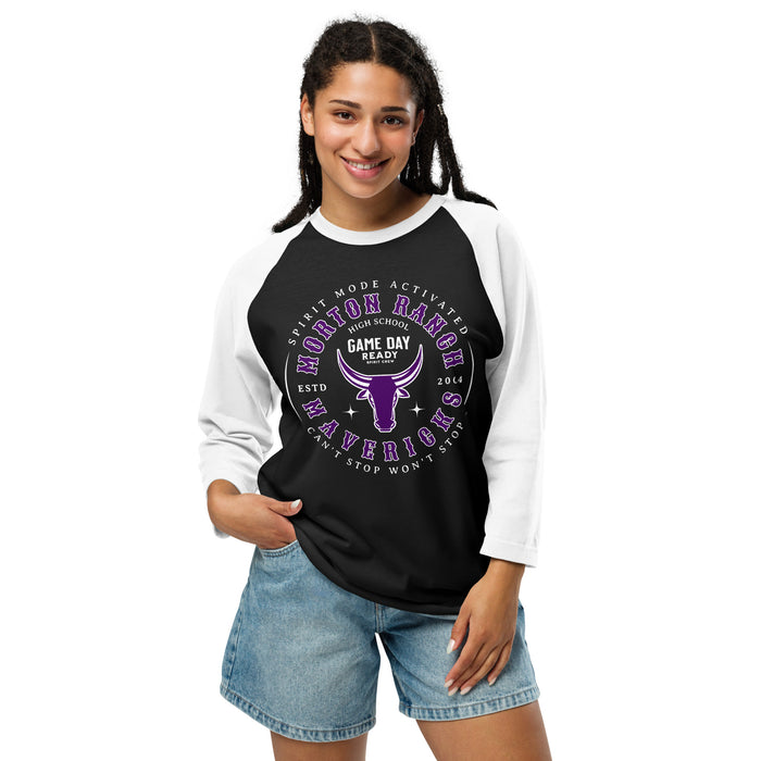 Woman wearing Morton Ranch High School Mavericks Unisex 3/4 sleeve Raglan T-shirt 214