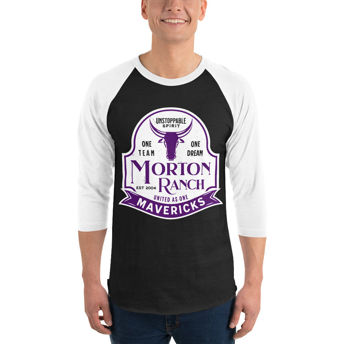 Man wearing Morton Ranch High School Mavericks Unisex 3/4 sleeve Raglan T-shirt 219