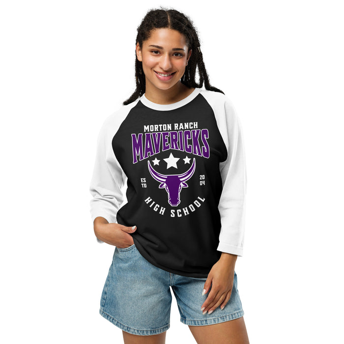 Woman wearing Morton Ranch High School Mavericks Unisex 3/4 sleeve Raglan T-shirt 213
