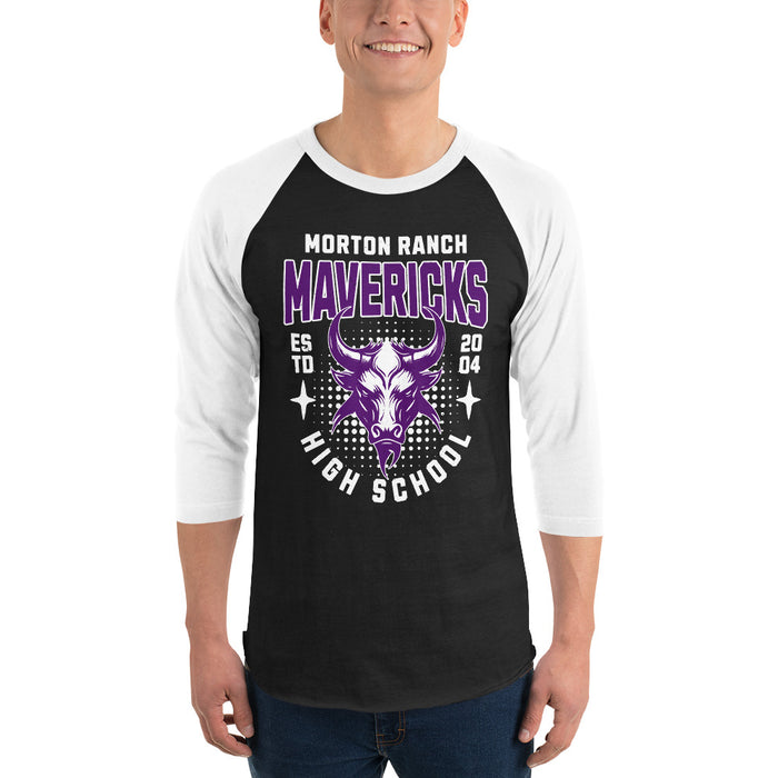 Man wearing Morton Ranch High School Mavericks Unisex 3/4 sleeve Raglan T-shirt 204