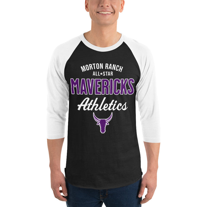 Man wearing Morton Ranch High School Mavericks Unisex 3/4 sleeve Raglan T-shirt 034