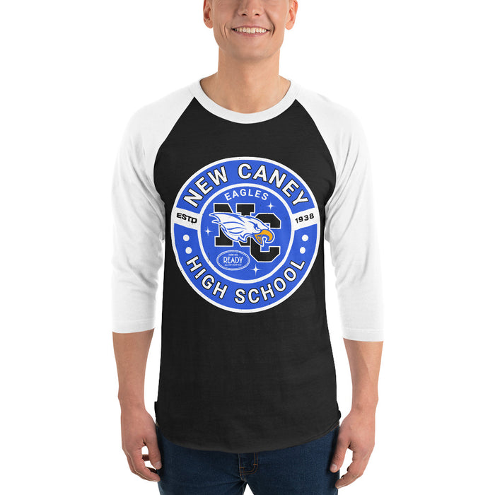Man wearing New Caney High School Eagles Unisex 3/4 sleeve Raglan T-shirt 239