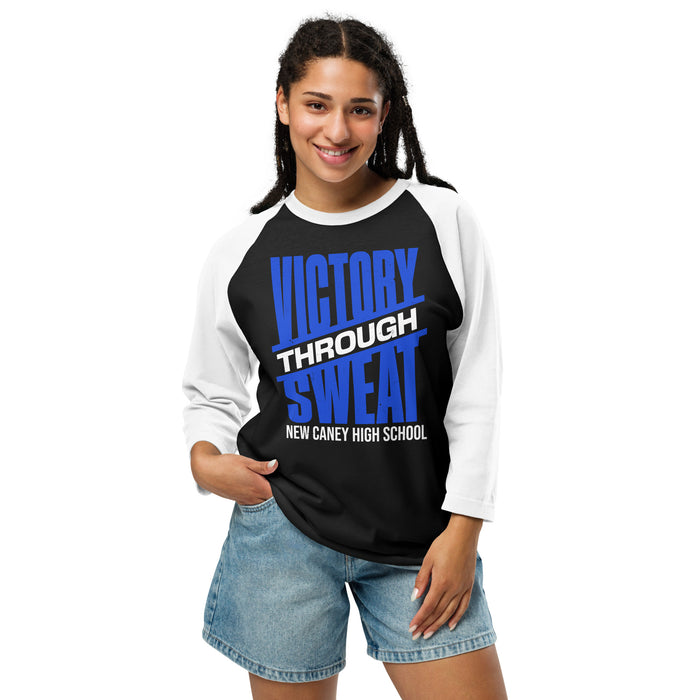 Woman wearing New Caney High School Eagles Unisex 3/4 sleeve Raglan T-shirt 241