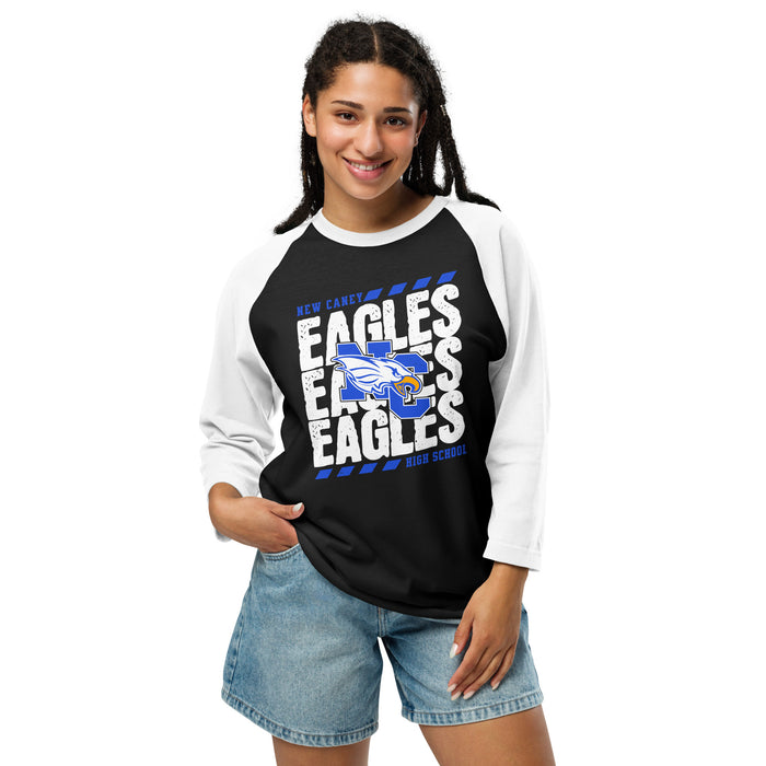 Woman wearing New Caney High School Eagles Unisex 3/4 sleeve Raglan T-shirt 223