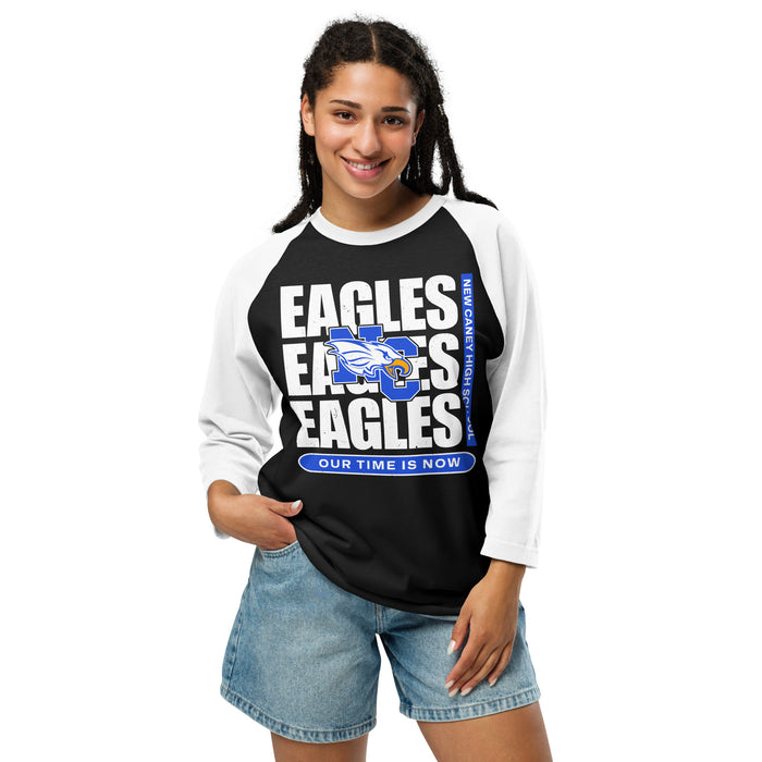 Woman wearing New Caney High School Eagles Unisex 3/4 sleeve Raglan T-shirt 235