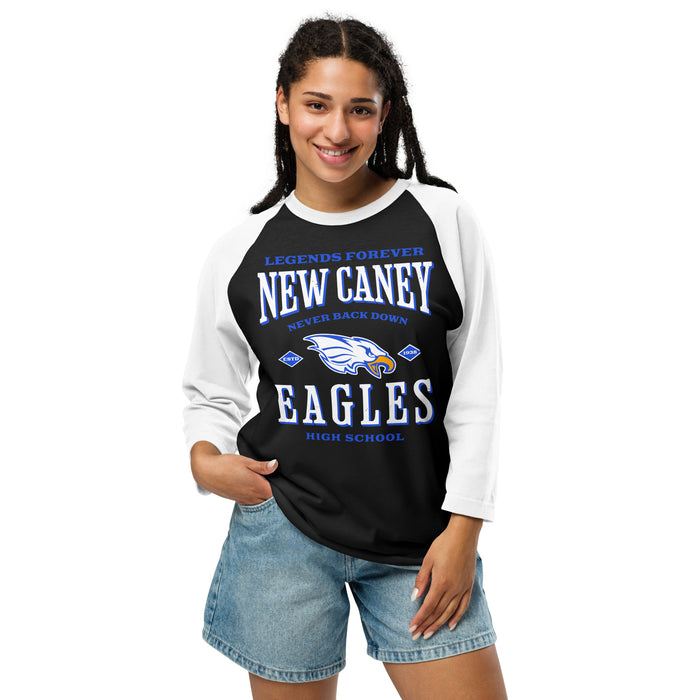 Woman wearing New Caney High School Eagles Unisex 3/4 sleeve Raglan T-shirt 230