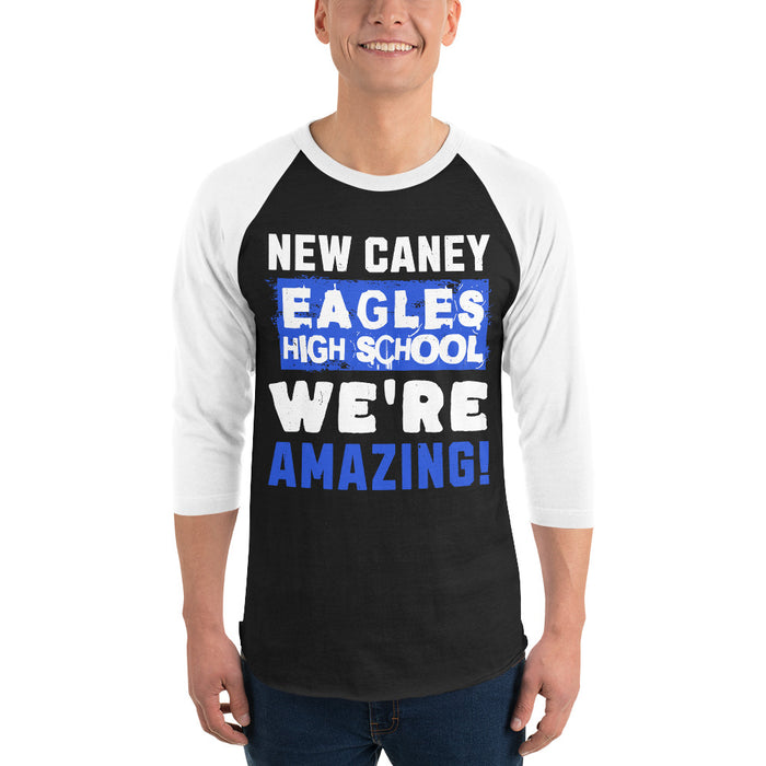 MAn wearing New Caney High School Eagles Unisex 3/4 sleeve Raglan T-shirt 231