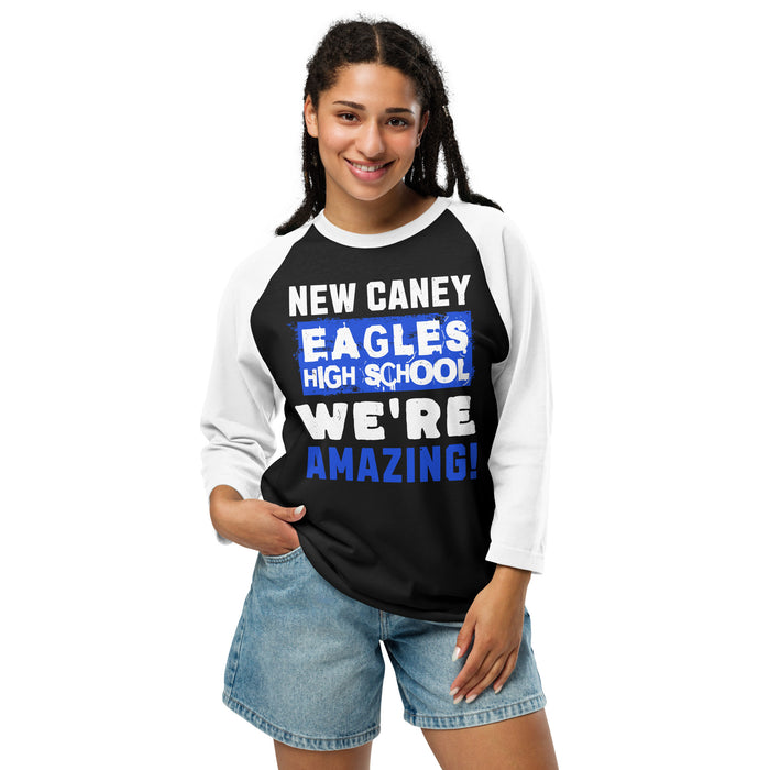 Woman wearing New Caney High School Eagles Unisex 3/4 sleeve Raglan T-shirt 231