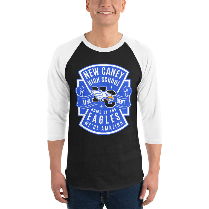 Man wearing New Caney High School Eagles Unisex 3/4 sleeve Raglan T-shirt 207