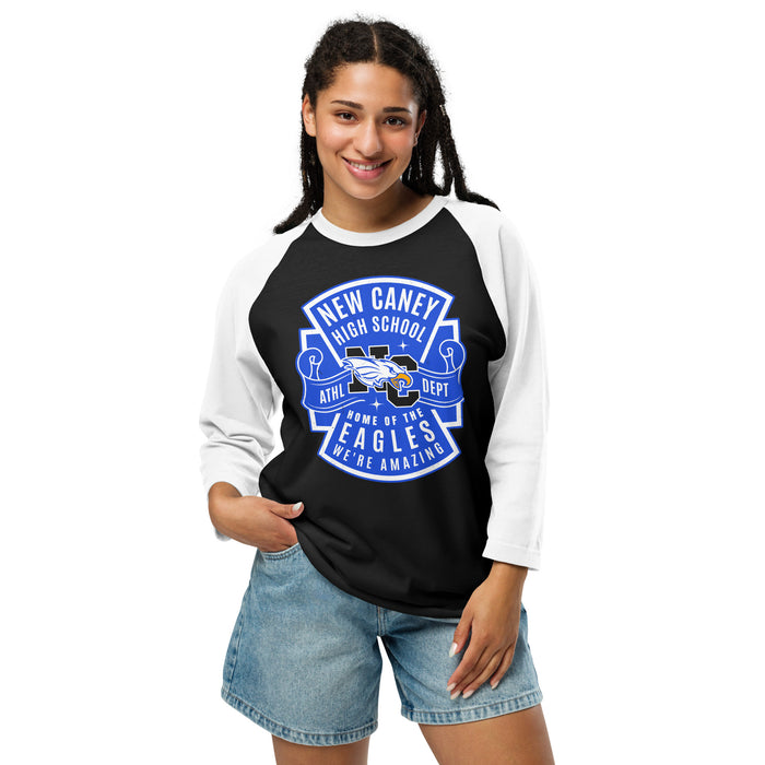 Woman wearing New Caney High School Eagles Unisex 3/4 sleeve Raglan T-shirt 207