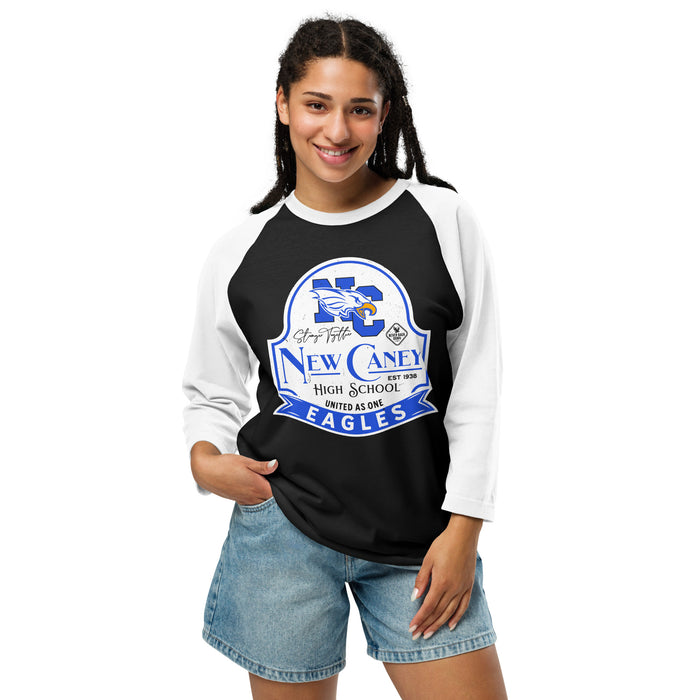 Woman wearing New Caney High School Eagles Unisex 3/4 sleeve Raglan T-shirt 219