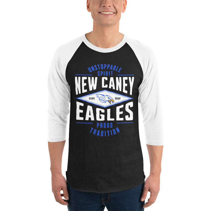 Man wearing New Caney High School Eagles Unisex 3/4 sleeve Raglan T-shirt 210