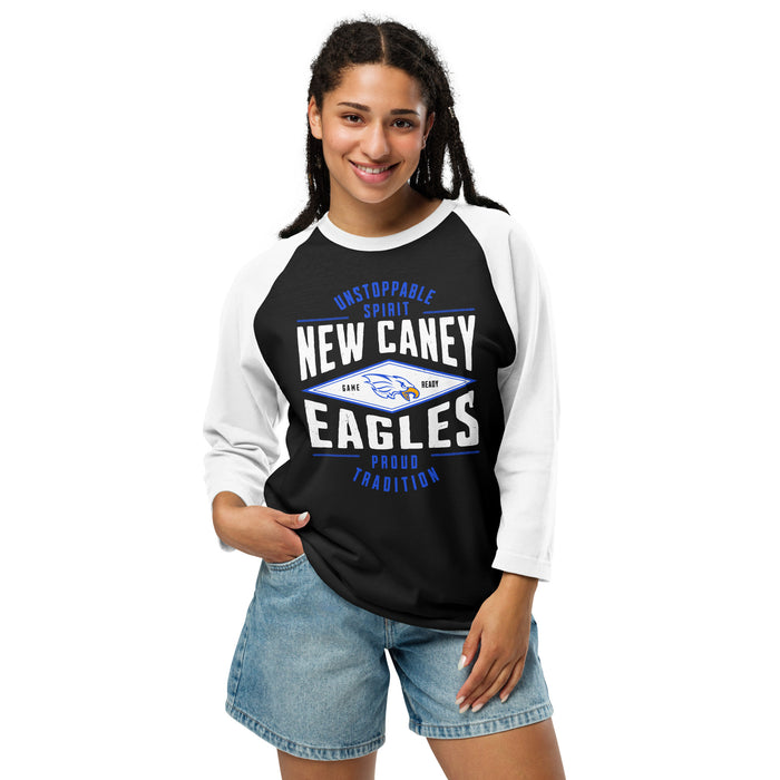 Woman wearing New Caney High School Eagles Unisex 3/4 sleeve Raglan T-shirt 210