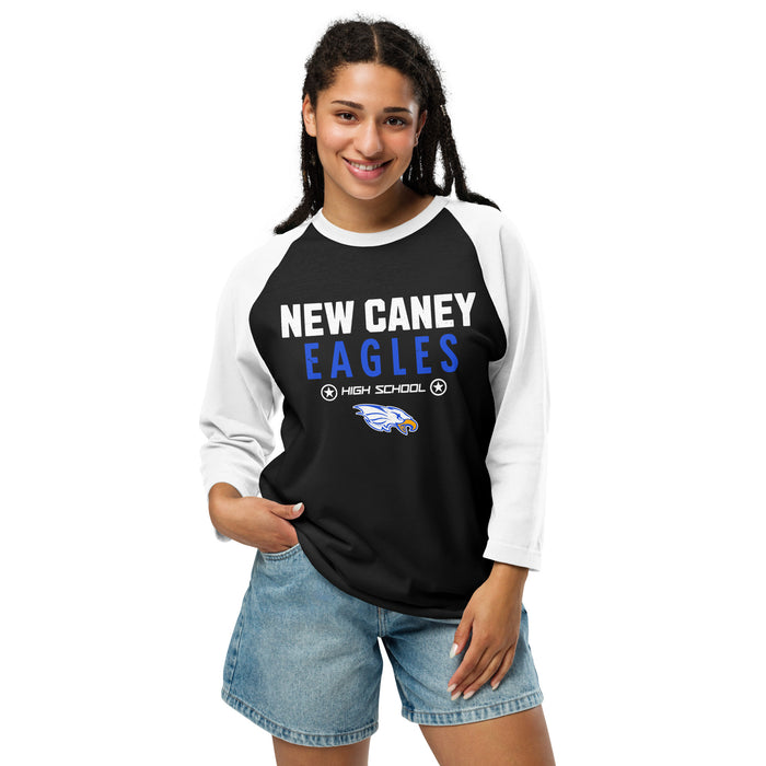 Woman wearing New Caney High School Eagles Unisex 3/4 sleeve Raglan T-shirt 003