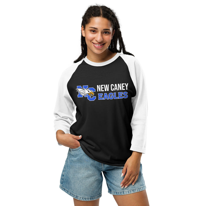 Woman wearing New Caney High School Eagles Unisex 3/4 sleeve Raglan T-shirt 200