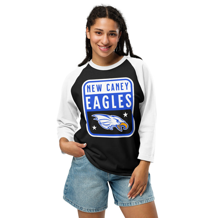 Woman wearing New Caney High School Eagles Unisex 3/4 sleeve Raglan T-shirt 001
