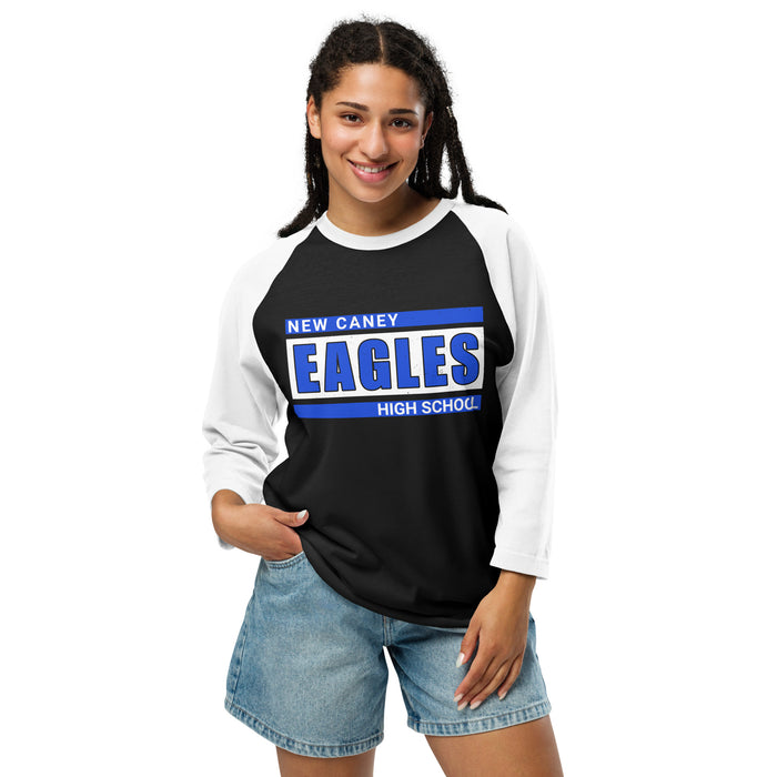 Woman wearing New Caney High School Eagles Unisex 3/4 sleeve Raglan T-shirt 098