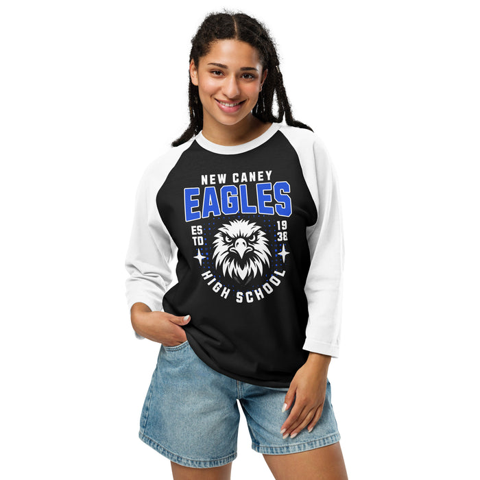 Woman wearing New Caney High School Eagles Unisex 3/4 sleeve Raglan T-shirt 204