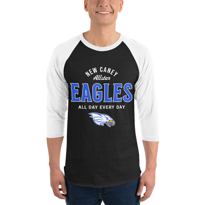 Man wearing New Caney High School Eagles Unisex 3/4 sleeve Raglan T-shirt 040