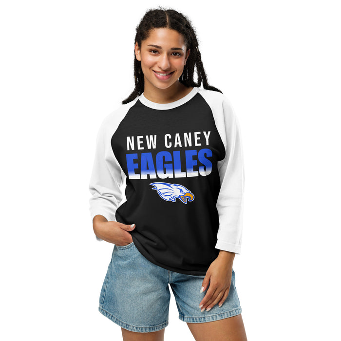 Woman wearing New Caney High School Eagles Unisex 3/4 sleeve Raglan T-shirt 024