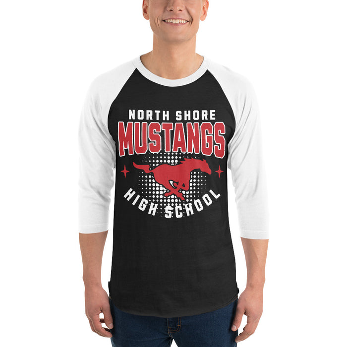 Man wearing North Shore High School Mustangs Unisex 3/4 Sleeve Raglan T-shirt 204