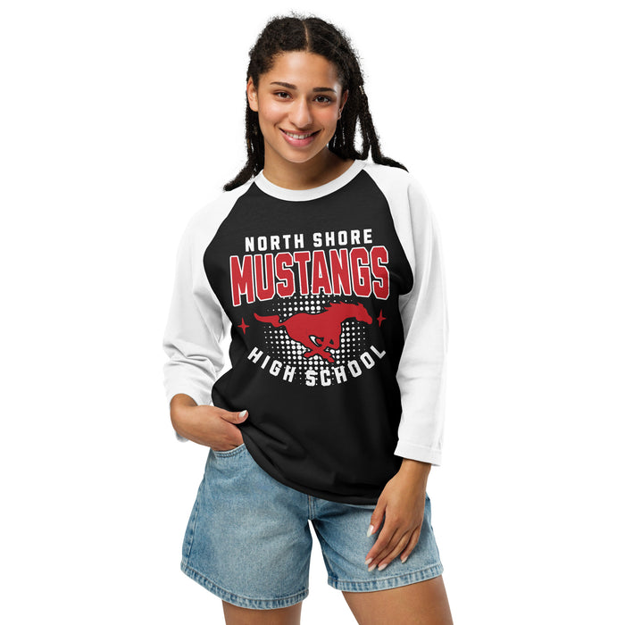 Woman wearing North Shore High School Mustangs Unisex 3/4 Sleeve Raglan T-shirt 204