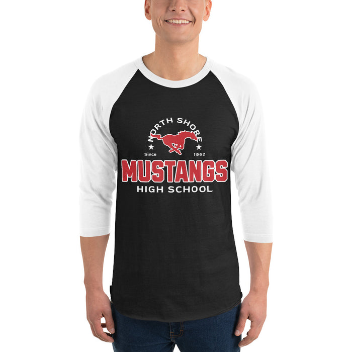 Man wearing North Shore High School Mustangs Unisex 3/4 Sleeve Raglan T-shirt 222