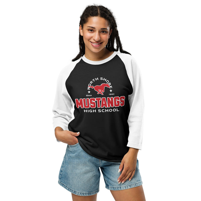 Woman wearing North Shore High School Mustangs Unisex 3/4 Sleeve Raglan T-shirt 222