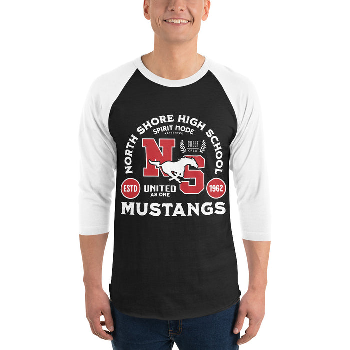 Man wearing North Shore High School Mustangs Unisex 3/4 Sleeve Raglan T-shirt 208