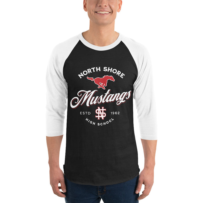 Man wearing North Shore High School Mustangs Unisex 3/4 Sleeve Raglan T-shirt 226